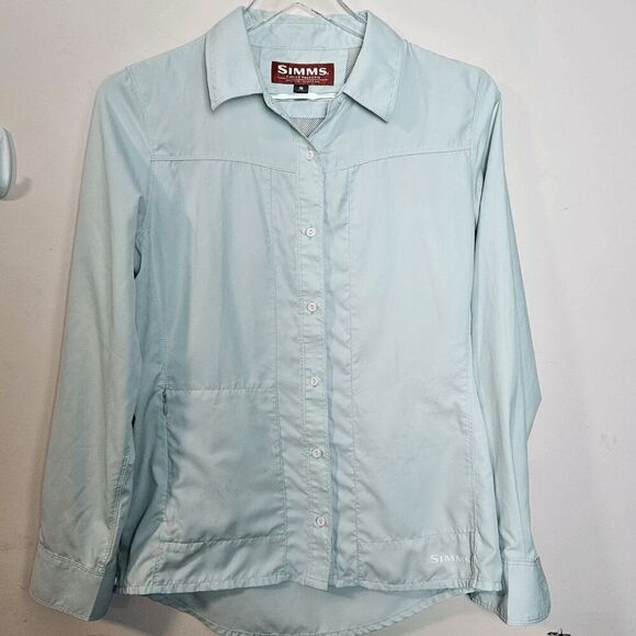 Simm's Fishing Hiking Vented Button down long sleeve Shirt Mens Blue Green Size - Picture 1 of 6